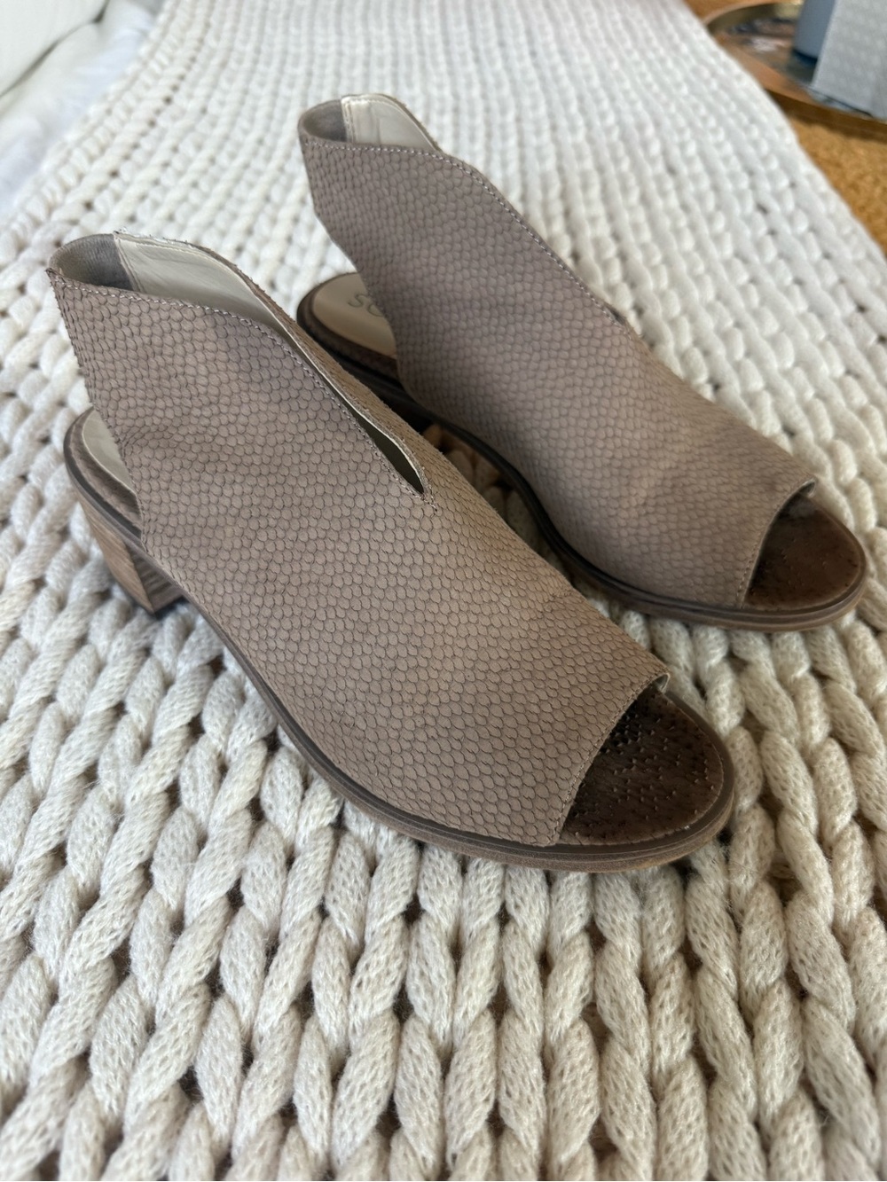 Dragon Scale Taupe Peep-Toe Slingback Heels - Women Shoes